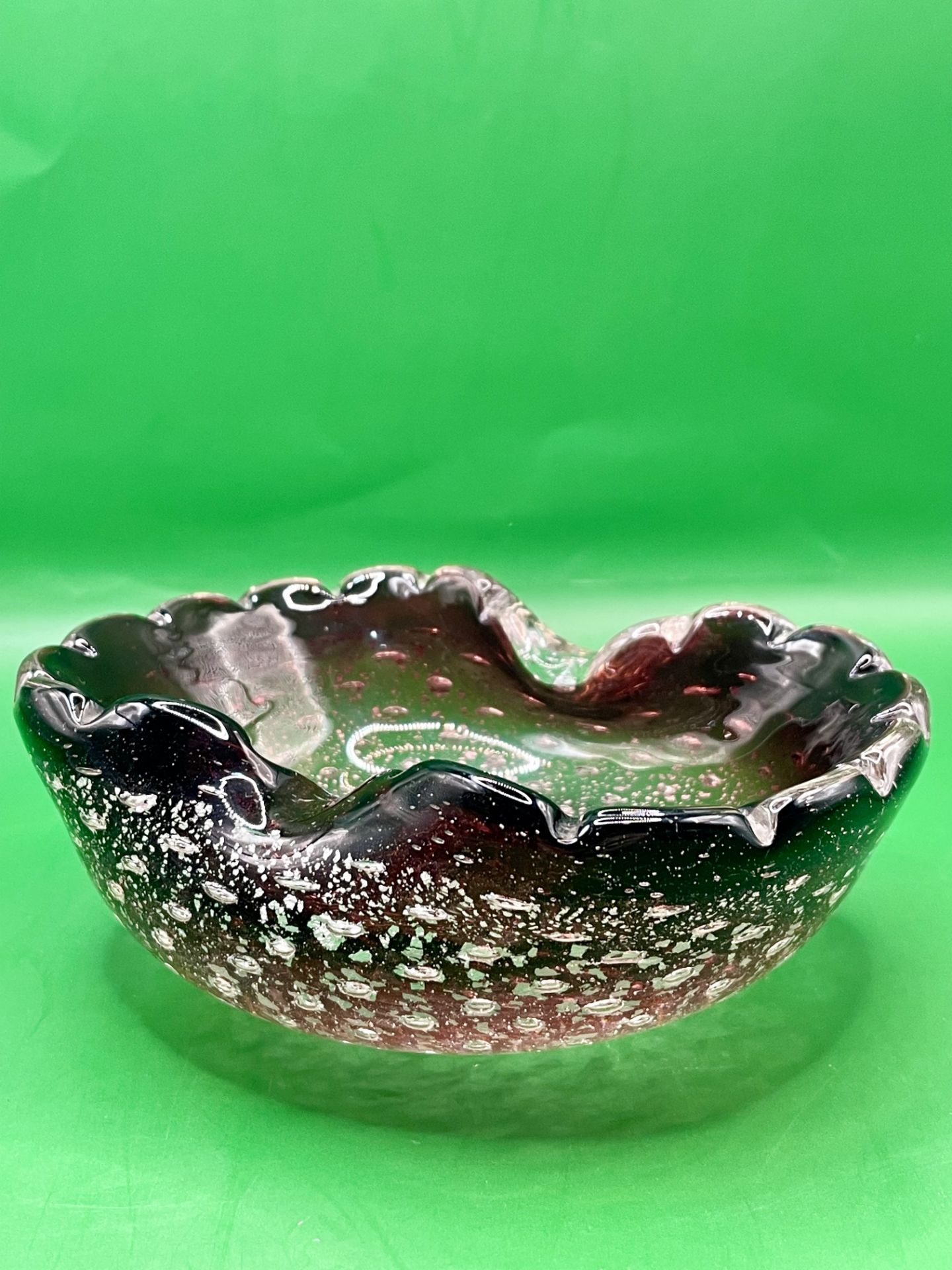 A 1960s Murano glass oyster dish/ashtray with controlled blown bubbles and silver flake inside a sor - Image 8 of 8