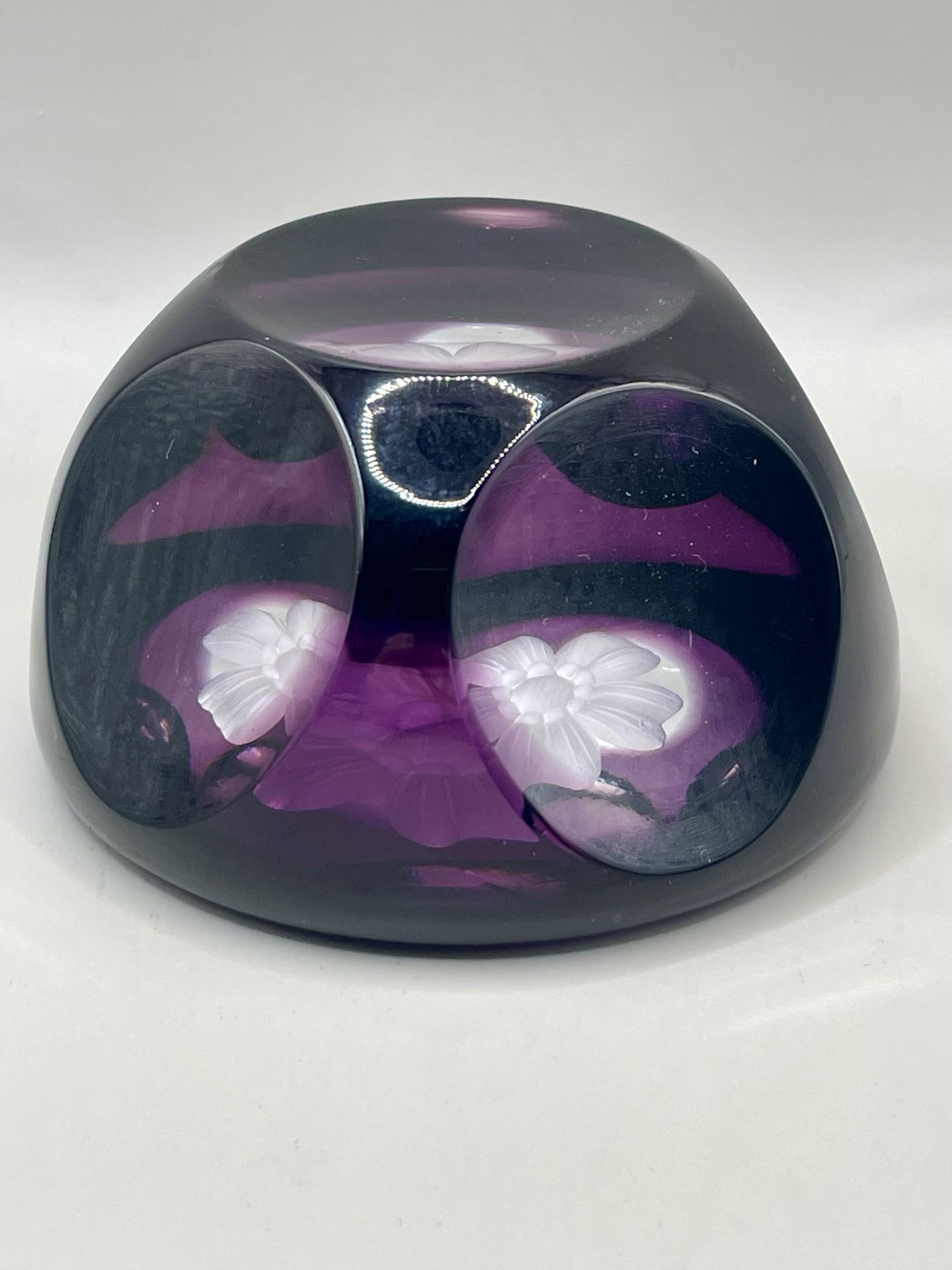 Vintage English Crystal Purple Overlay Paperweight with Engraved Flower. 