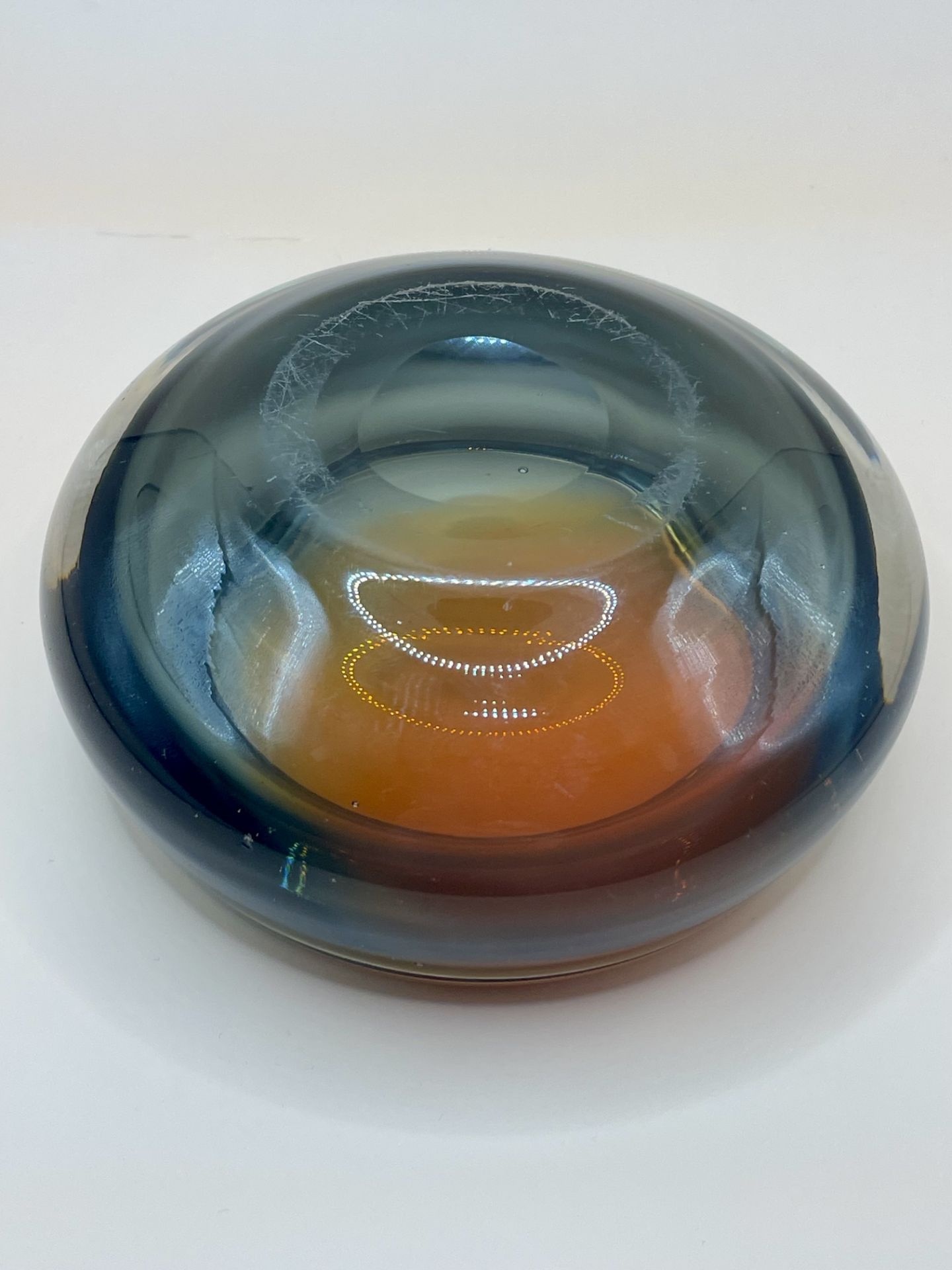 A lovely 1970s amber and grey heavy Murano glass ashtray very stylish.