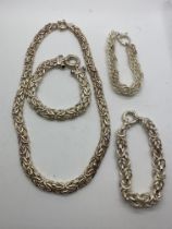 SOLID SILVER BYZANTINE NECKLACE APPROX. LENGTH 18' WITH 3 SOLID SILVER BRACELETS