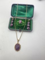 9ct GOLD RUBY 3 PIECE SET INCLUDING PENDANT AND CHAIN, RING AND EARRINGS APPROX. 20.00ct +