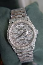 WATCH MARKED "ROLEX" DAY DATE (DIAMOND SET) WHITE METAL (TESTED AS GOLD ) MOVEMENT IS GENUINE ROLEX