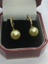 14ct YELLOW GOLD SOUTH SEA PEARL AND DIAMOND EARRINGS WITH A £4,000 INS VALUATION WEIGHT 5.36g