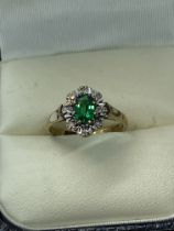 9ct YELLOW GOLD EMERALD AND DIAMOND RING WEIGHT 2.53g AND APPROX. SIZE K