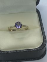 9CT YELLOW GOLD AMETHYST AND DIAMOND RING APPROX. WEIGHT 1.6g APPROX. SIZE N