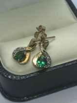 9ct GOLD DIAMOND AND EMERALD EARRINGS APPROX. 2.56g WEIGHT