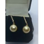 14ct YELLOW GOLD SOUTH SEA PEARL AND DIAMOND EARRINGS VALUATION £3,500. APPROX. 5.8g