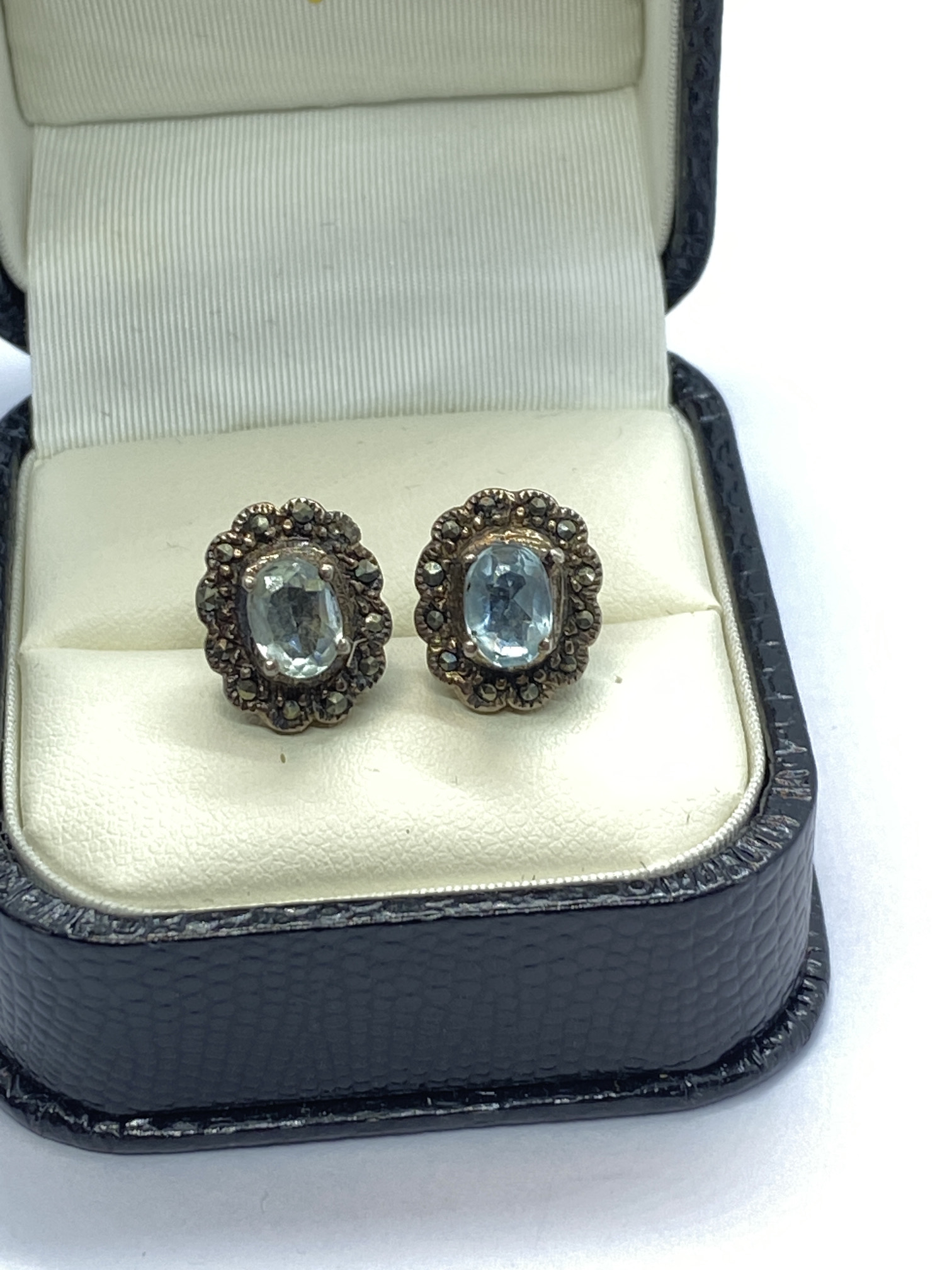 SILVER 925 MARCASITE BLUE STONE EARRINGS