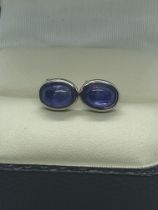 BLUE CABOCHON SAPPHIRE EARRINGS SET IN WHITE METAL