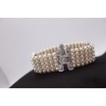 18K WHITE GOLD & 5 STRAND PEARL / DIAMOND BRACELET