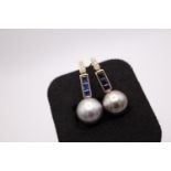 DIAMOND, SAPPHIRE & PEARL EARRINGS in YELLOW GOLD (TESTED AS 18K)