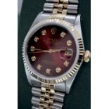 ROLEX DATEJUST *BURGUNDY VIGNETTE* REF. 16013 - YELLOW GOLD & STEEL JUBILEE MODEL (BOX/ ACCESSORIES)