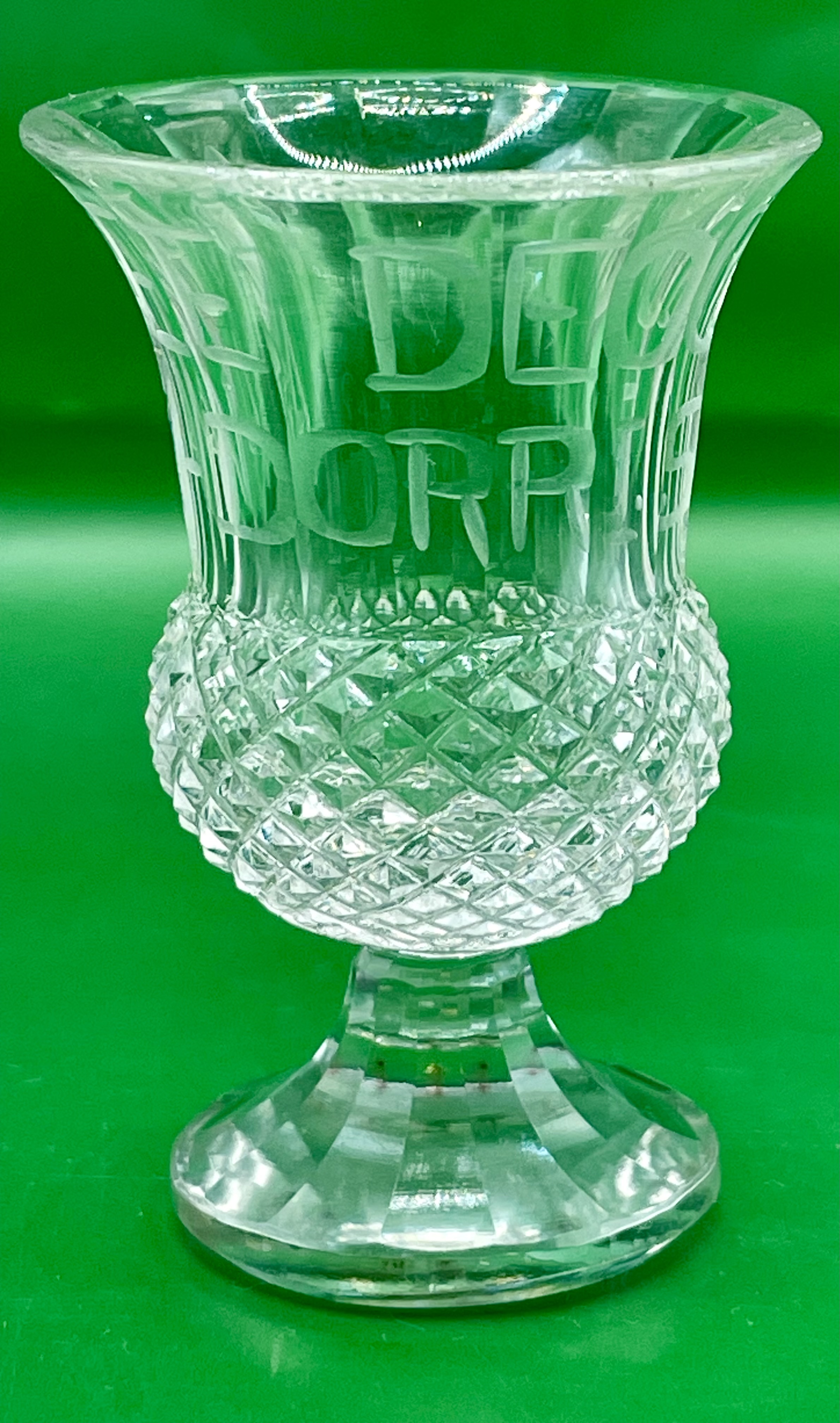 Scottish WW1  crystal cut thistle vase with motto “A WEE DEOCH AN DORRIS”