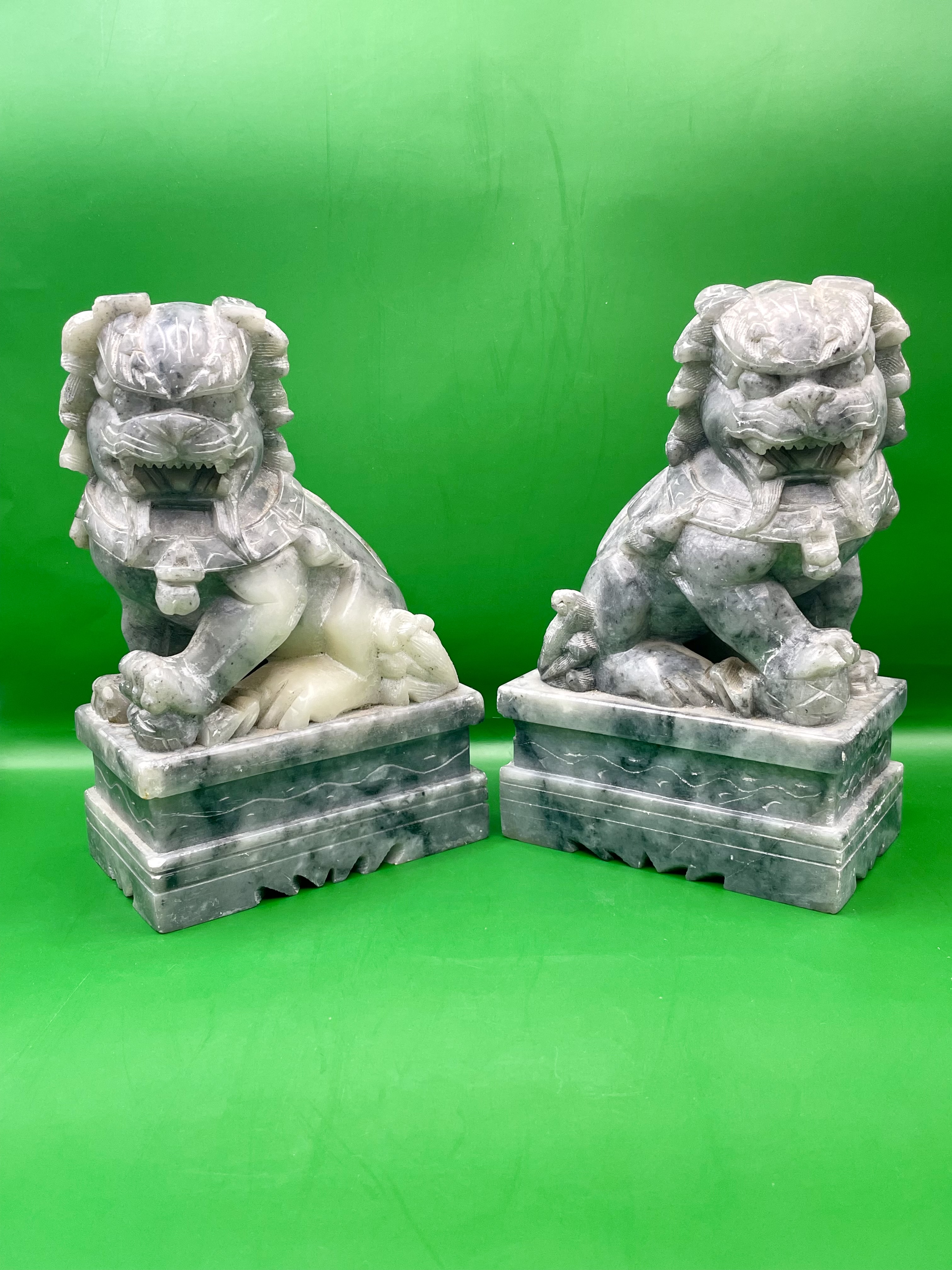 Antique Style Chinese Gray Solid Soapstone or Marble Foo Dogs - a Pair great condition.  - Image 3 of 12