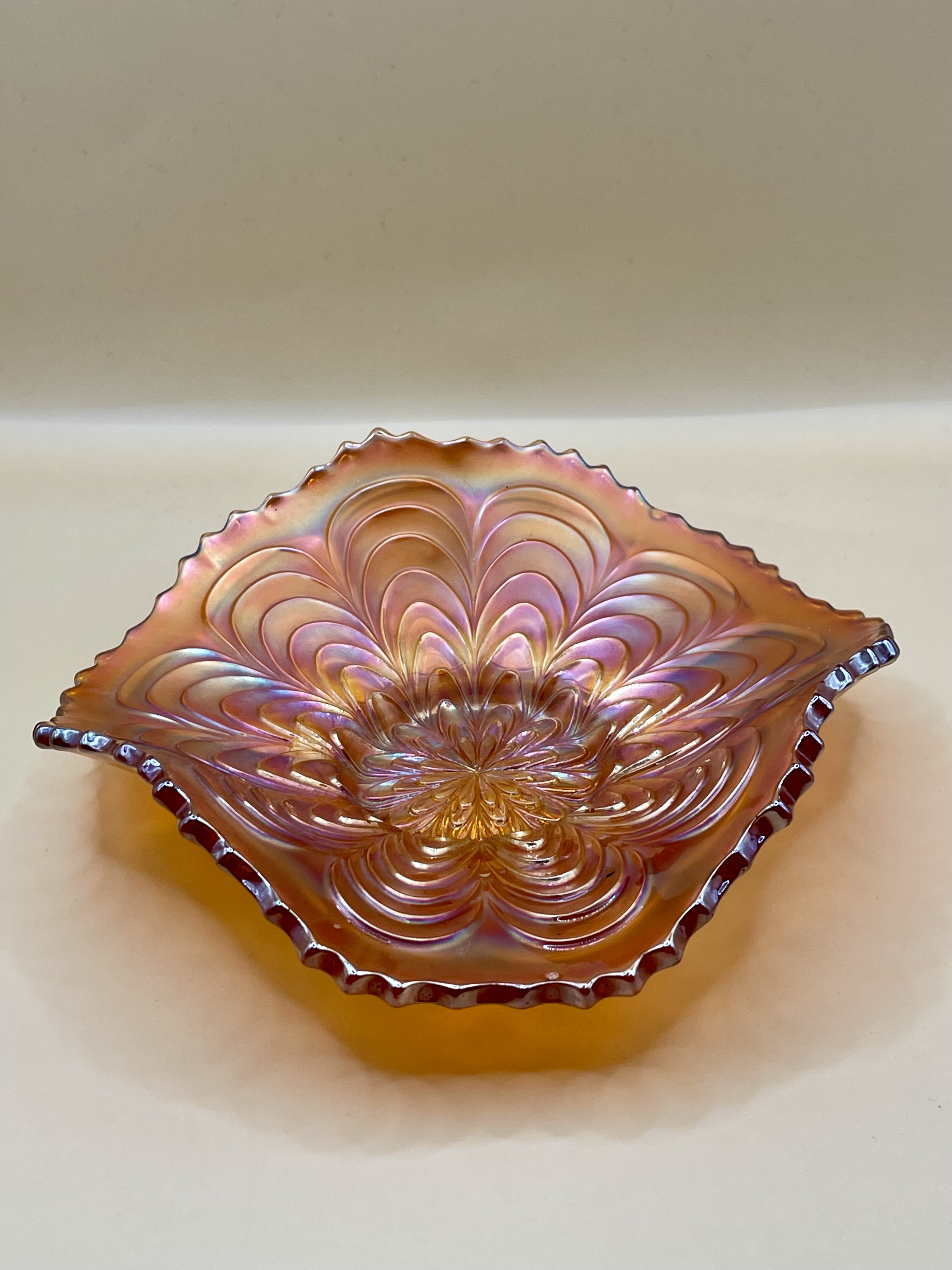 Fenton Peacock Carnival Ruffled Bowl Glass  