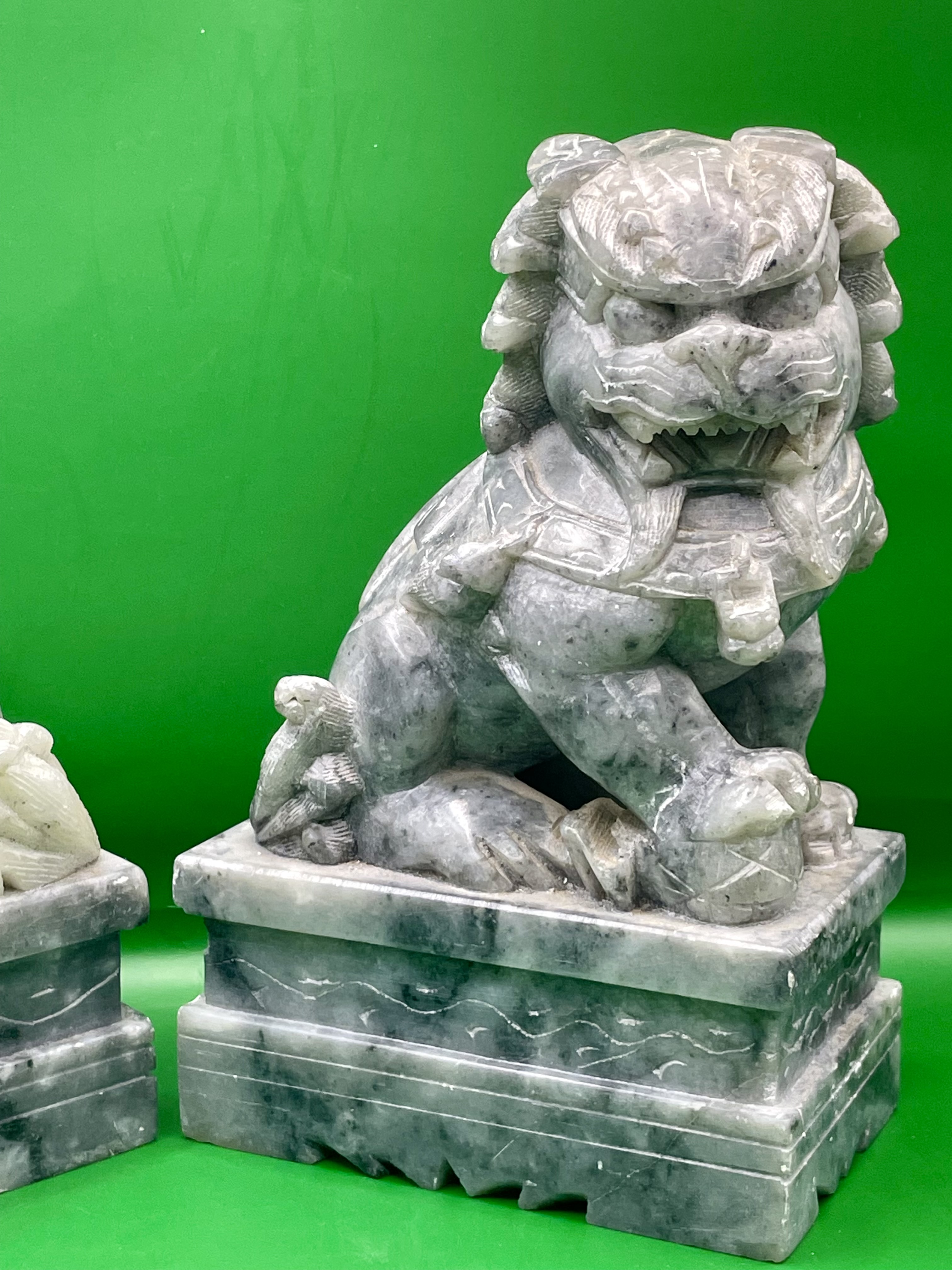 Antique Style Chinese Gray Solid Soapstone or Marble Foo Dogs - a Pair great condition.  - Image 6 of 12