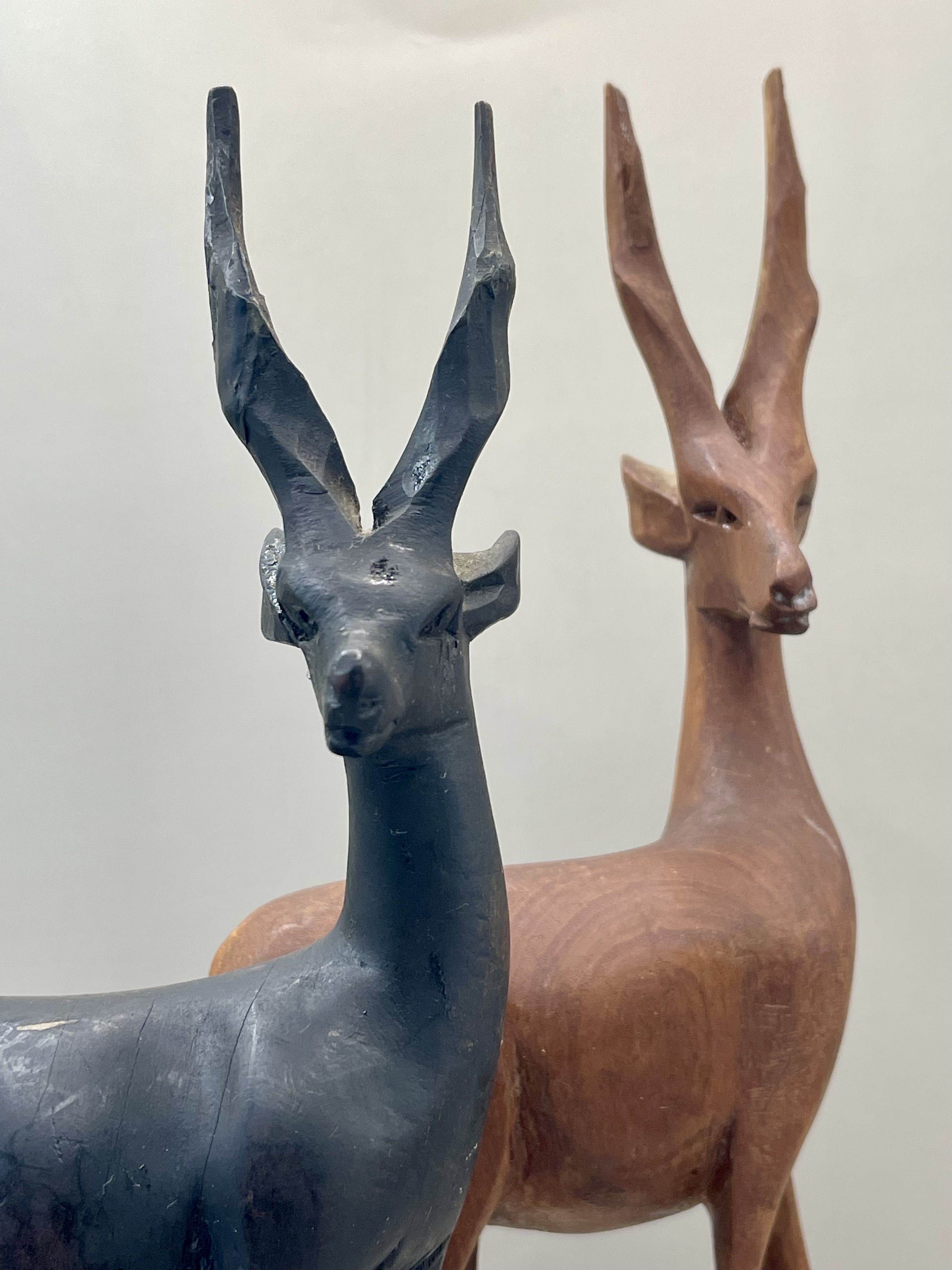 Two African Antelope Hand Carved Wooden Gazelles Impala Statuettes - Image 3 of 8