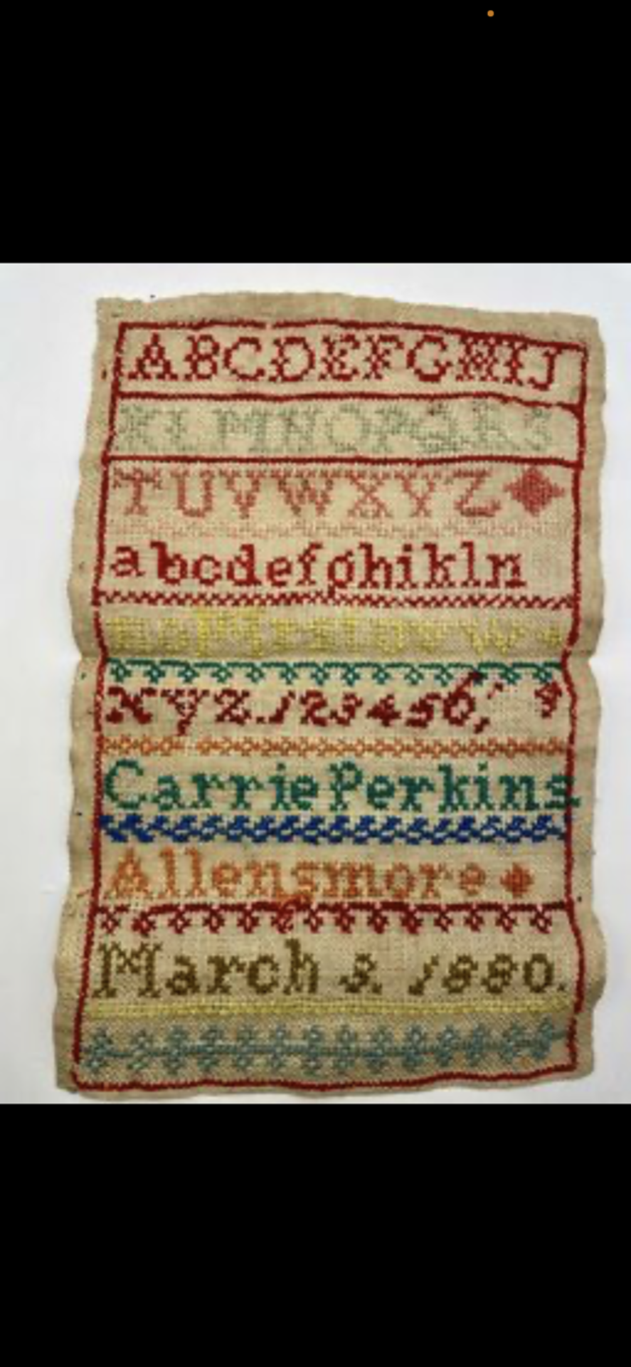 1880s Carrie Perkins Alphabetical Tapestry from Allenmore school. 1880. - Image 2 of 9