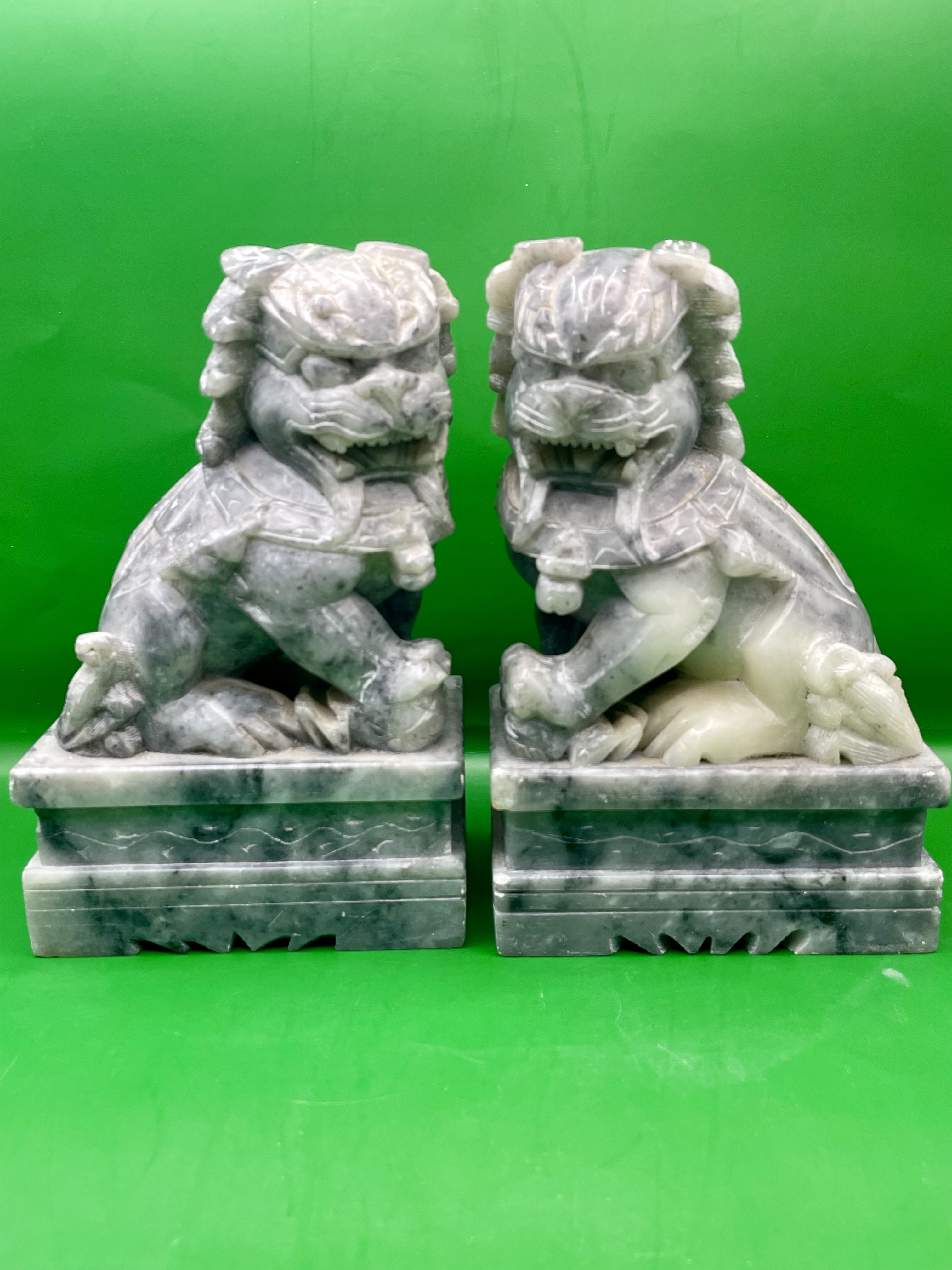 Antique Style Chinese Gray Solid Soapstone or Marble Foo Dogs - a Pair great condition. 