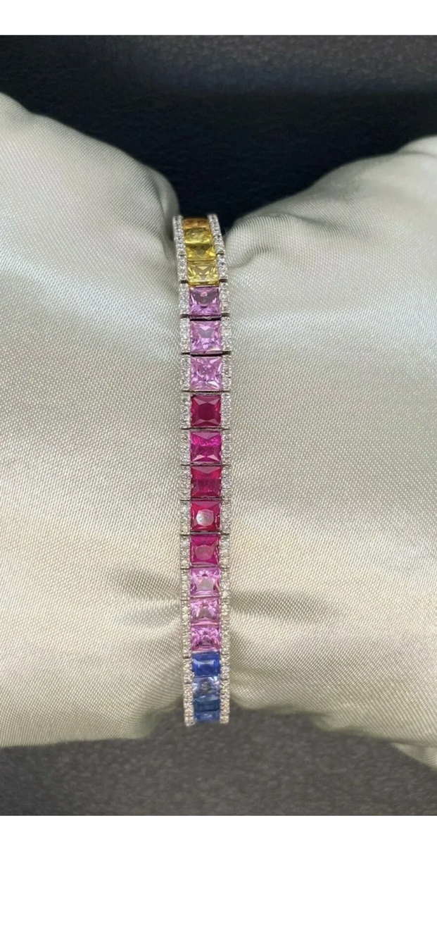 STUNNING 18.00ct RAINBOW MULTI COLOUR SAPPHIRE & DIAMOND TENNIS BRACELET