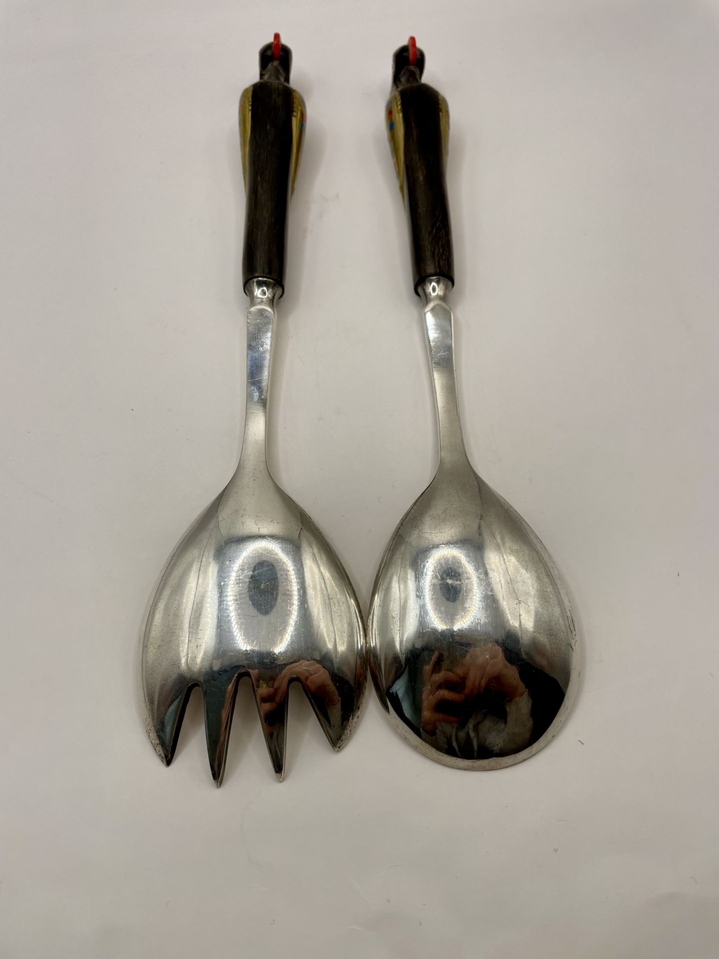 Spoon and Fork with detailed birds as handles and inlaid silver and other metals for detail. - Image 2 of 6