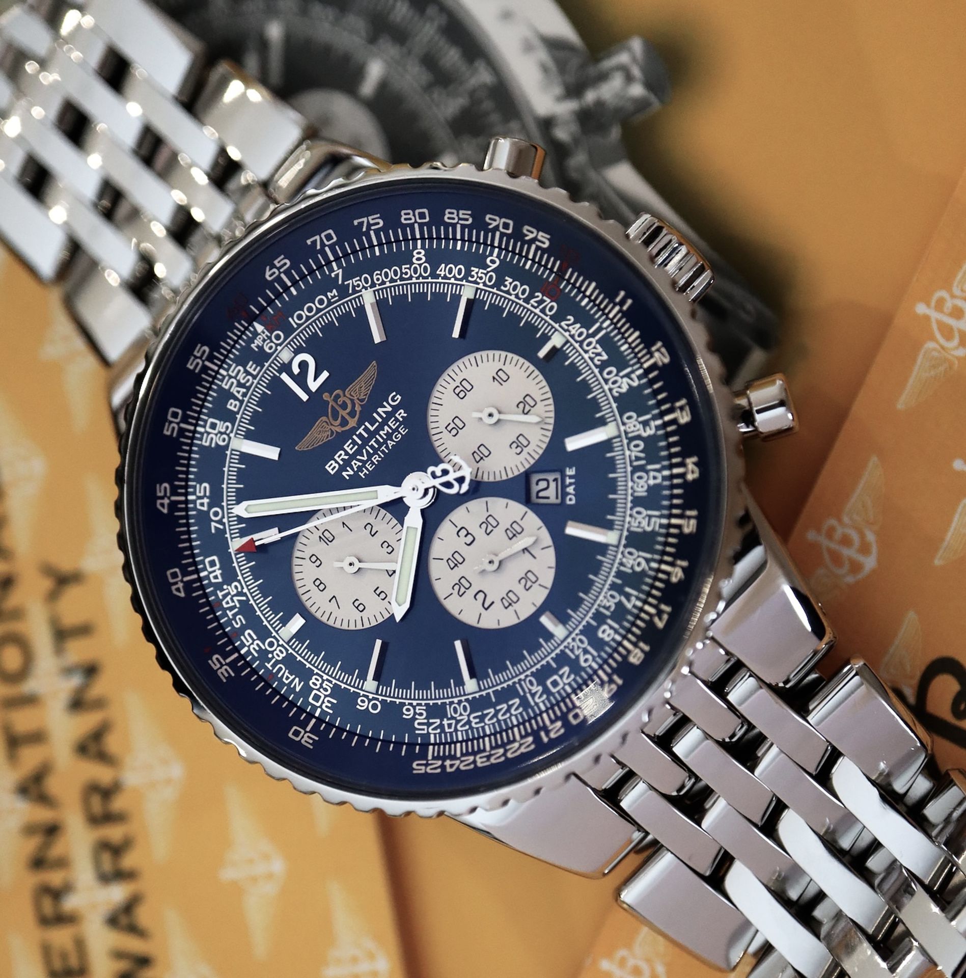 BREITLING NAVITIMER HERITAGE CHRONOGRAPH (REF. A35350) 'FULL SET - BOX, CERTS. ETC.' NAVY DIAL - Image 10 of 15
