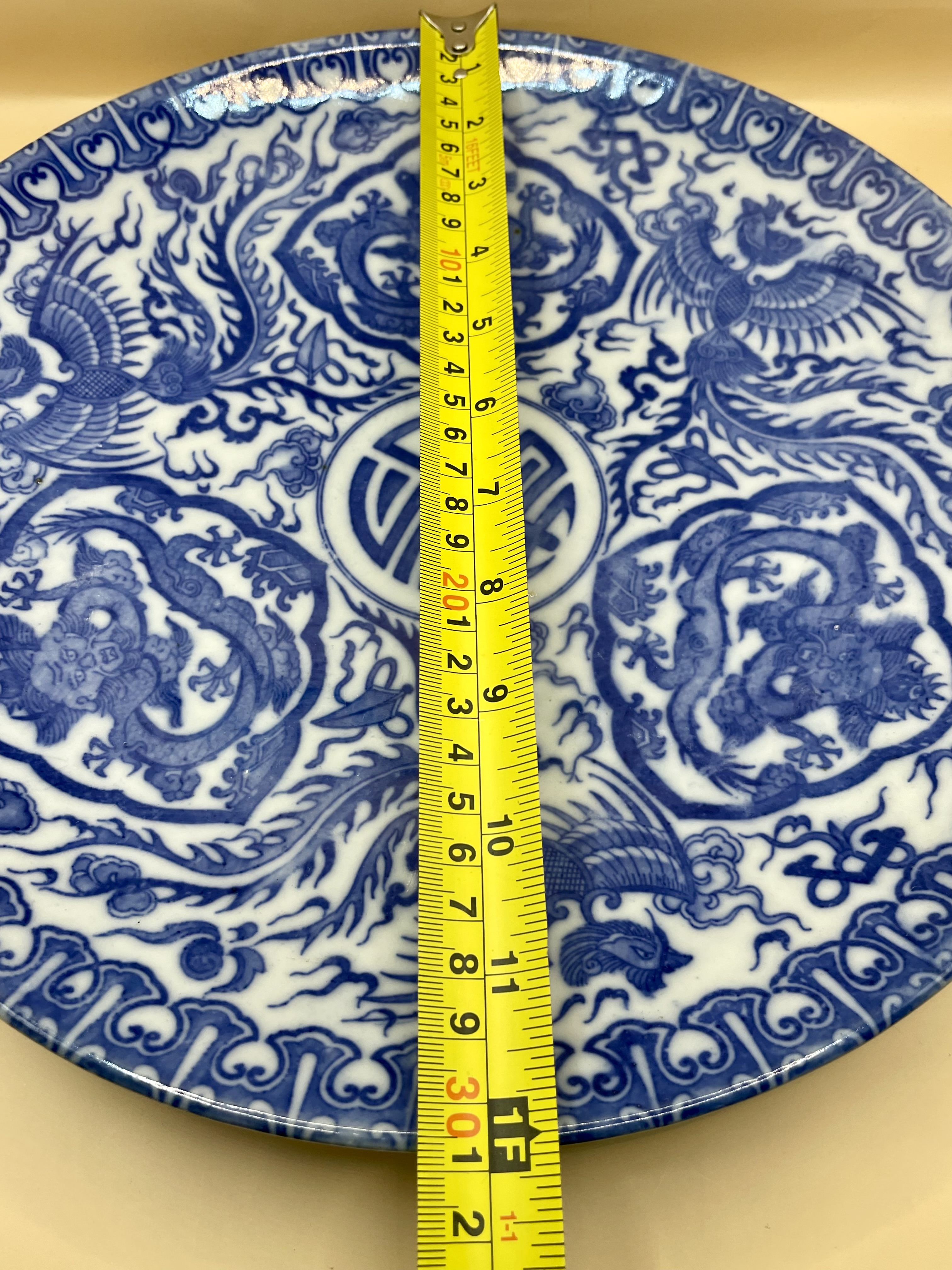 Large 1FT Vintage Blue and White Willow Dragon plate. Another Four available. - Image 2 of 8