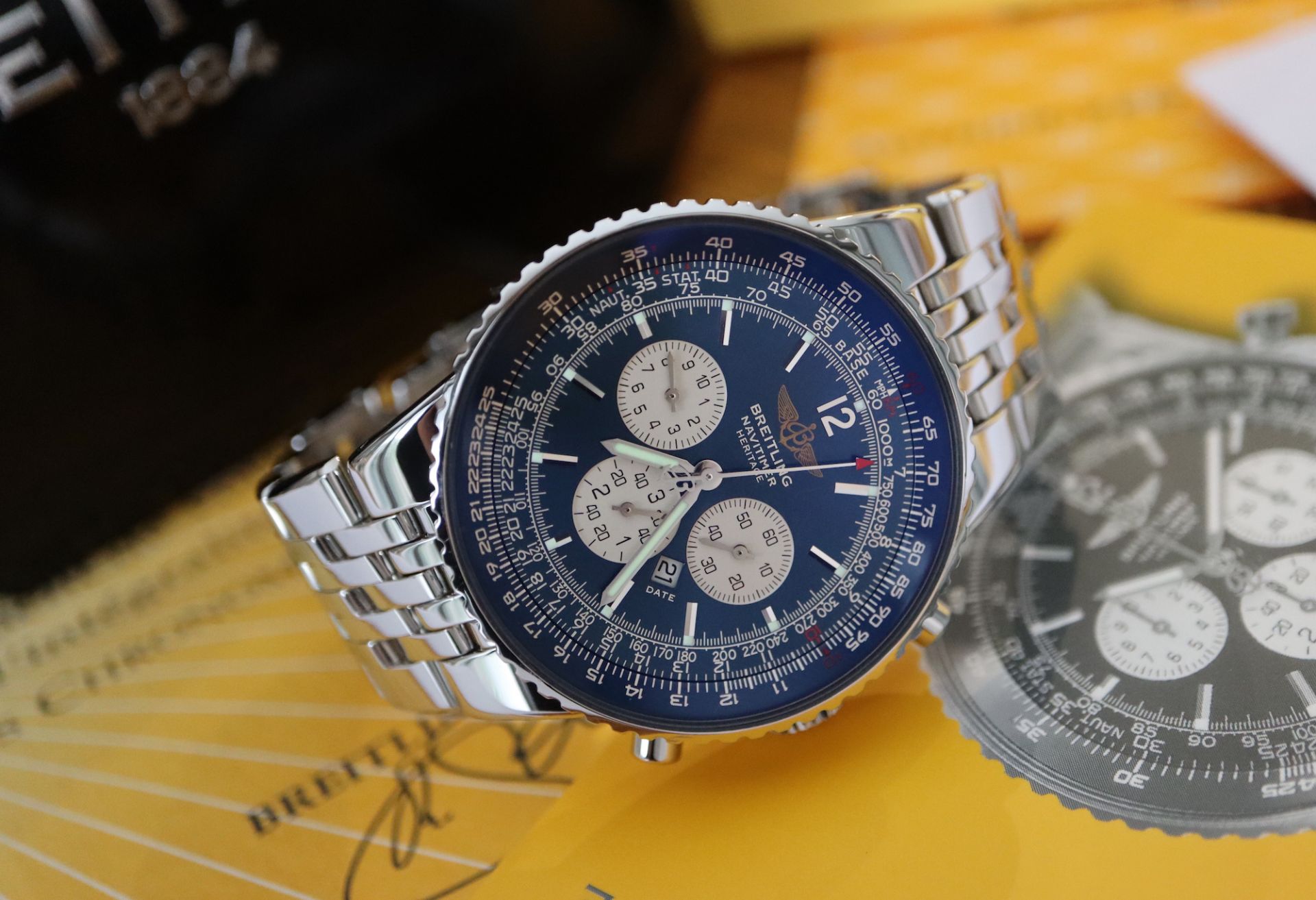 BREITLING NAVITIMER HERITAGE CHRONOGRAPH (REF. A35350) 'FULL SET - BOX, CERTS. ETC.' NAVY DIAL - Image 8 of 15