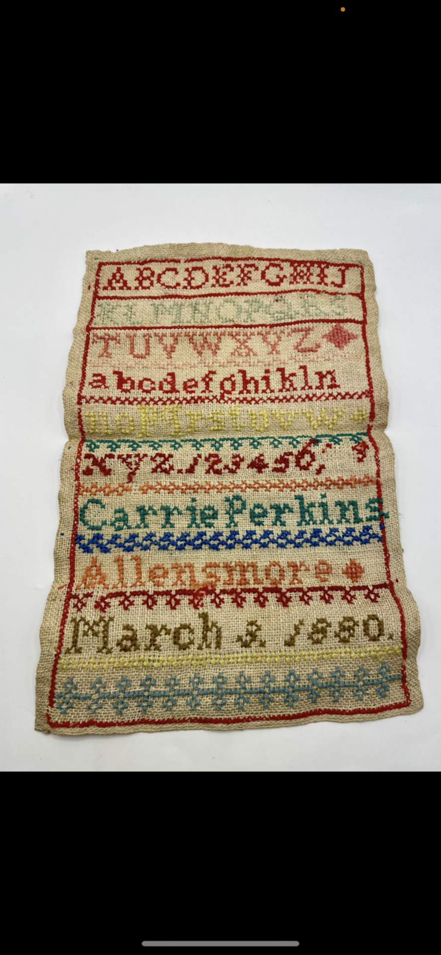 1880s Carrie Perkins Alphabetical Tapestry from Allenmore school. 1880.