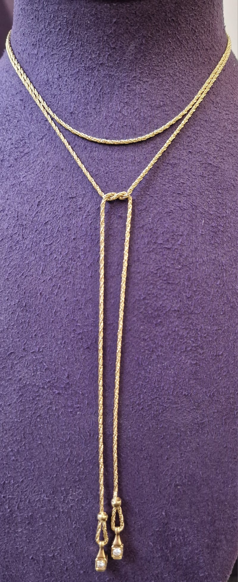 18K YELLOW GOLD 'ROPE' NECKLACE WITH DIAMOND PENDANTS (Total Weight: 13.20g)