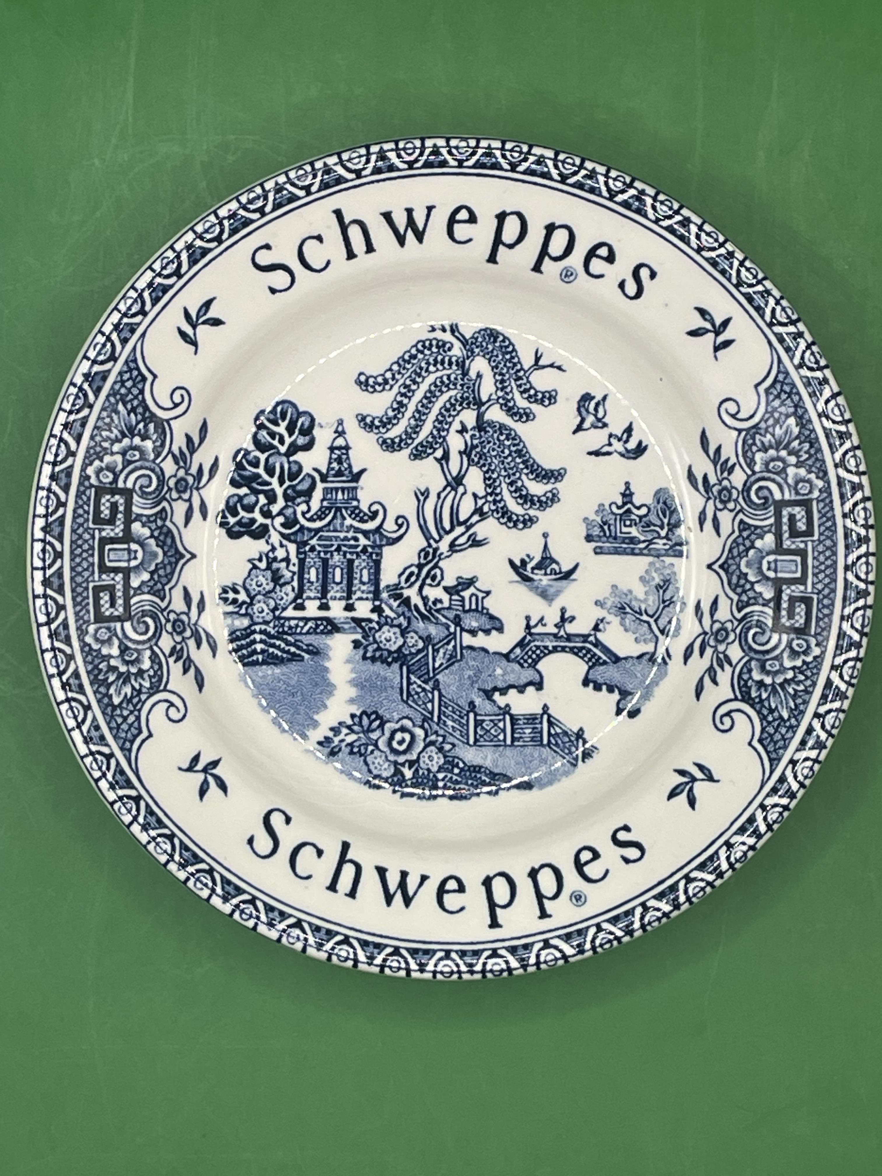 Vintage schweppes advertising plate with willow pattern blue and white made by Barrets 