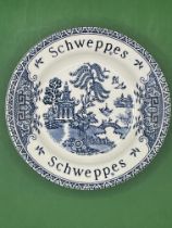 Vintage schweppes advertising plate with willow pattern blue and white made by Barrets 