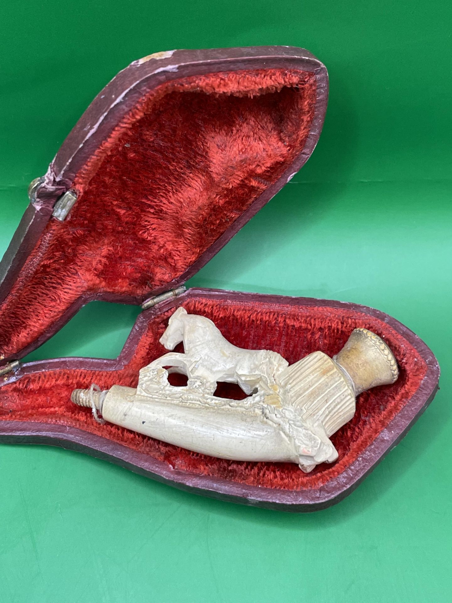 An Antique Meerschaum Carved pipe with case no bowl or mouthpiece. 