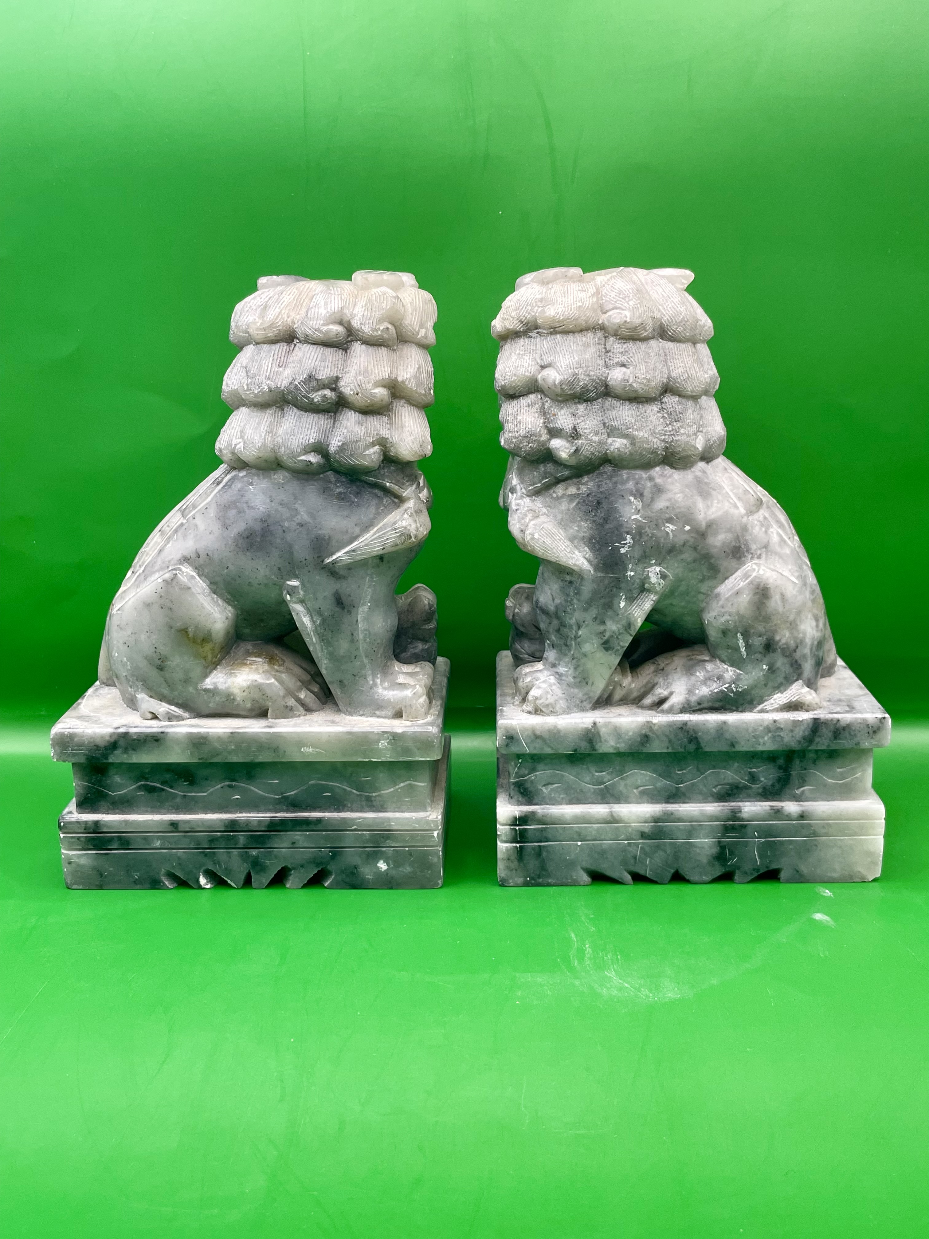 Antique Style Chinese Gray Solid Soapstone or Marble Foo Dogs - a Pair great condition.  - Image 12 of 12