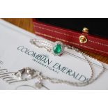 1.58CT EMERALD & DIAMOND PENDANT / 14K WHITE GOLD SET / With CERTIFICATE