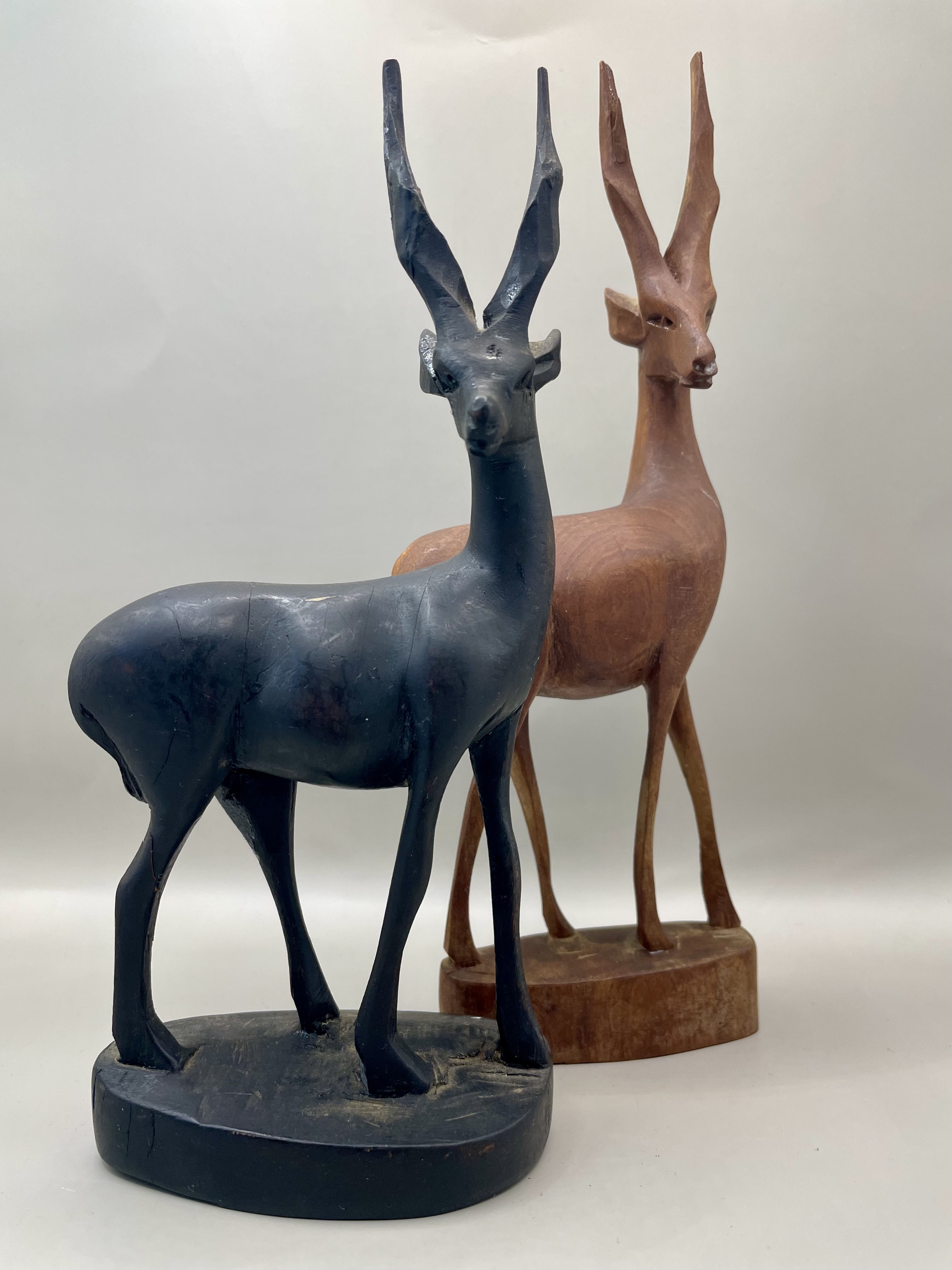 Two African Antelope Hand Carved Wooden Gazelles Impala Statuettes