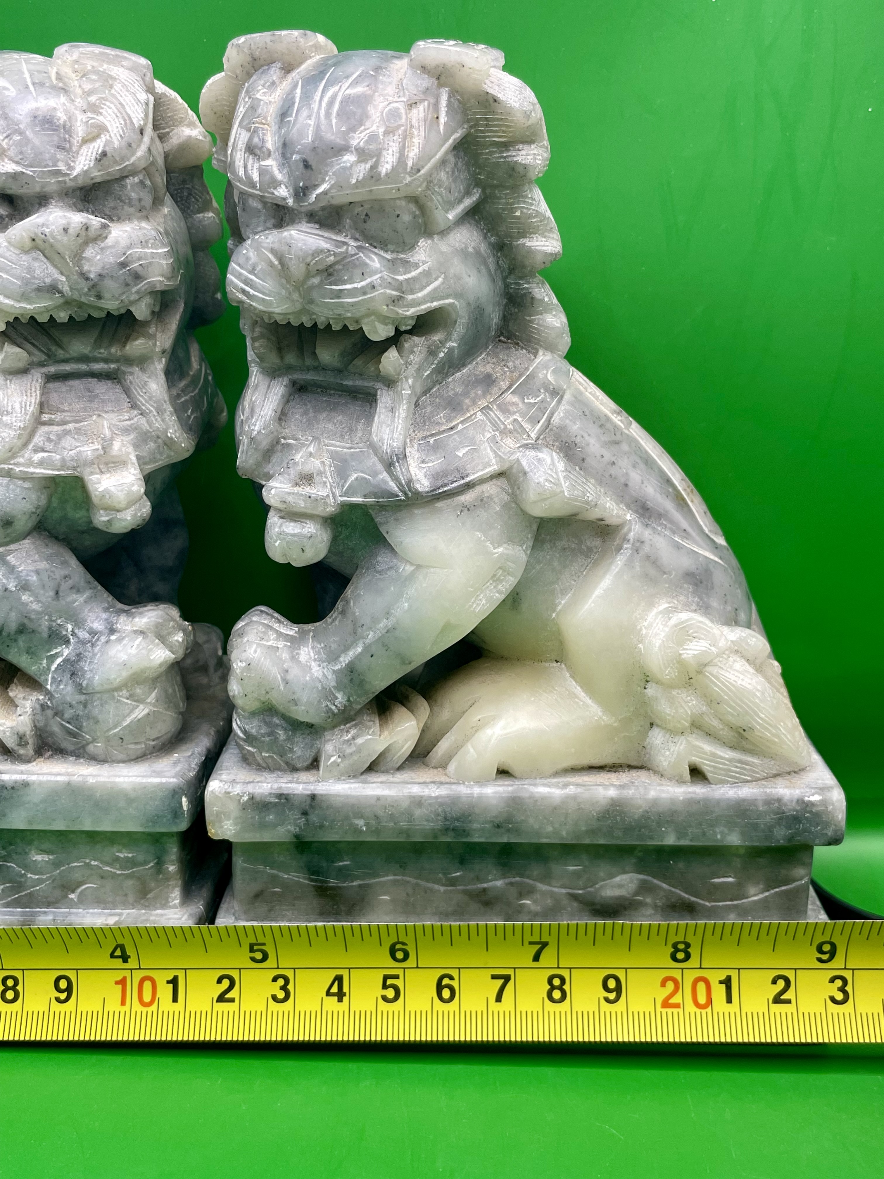 Antique Style Chinese Gray Solid Soapstone or Marble Foo Dogs - a Pair great condition.  - Image 5 of 12