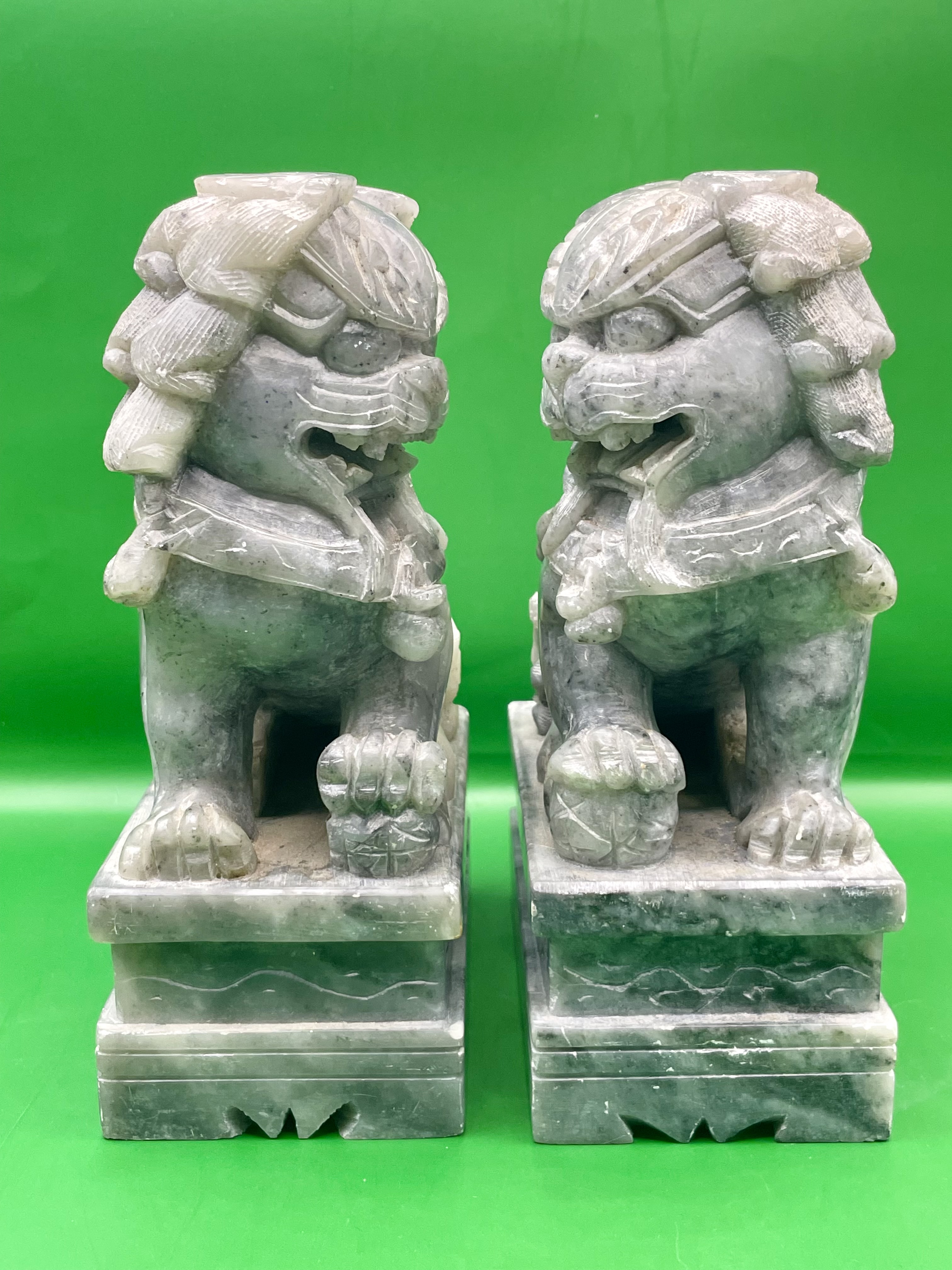 Antique Style Chinese Gray Solid Soapstone or Marble Foo Dogs - a Pair great condition.  - Image 2 of 12