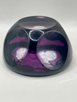 Vintage English Crystal Purple Overlay Paperweight with Engraved Flower.