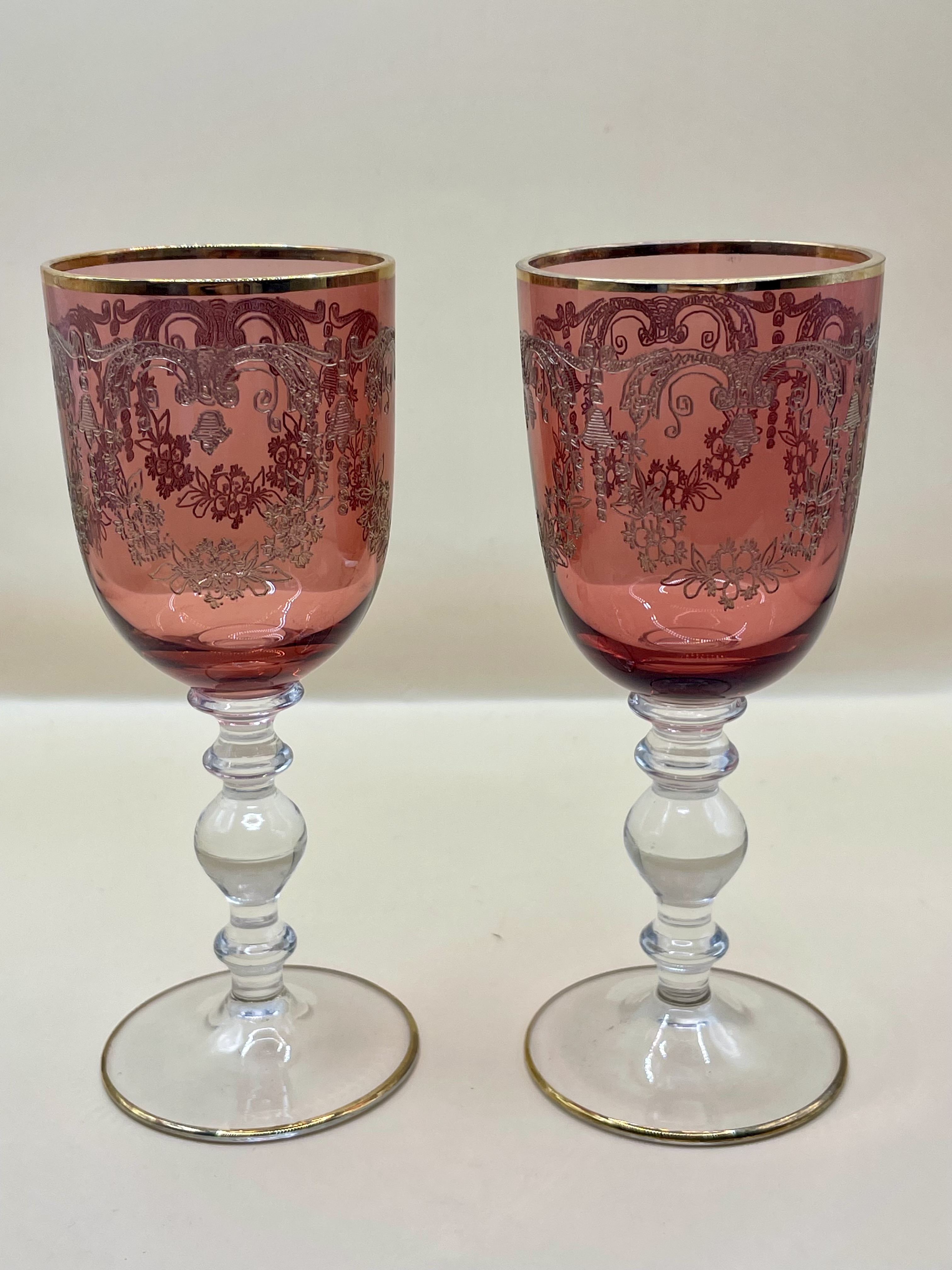 Two antique/Vintage Bohemians glasses with gold detailing very nice pair no damage. 