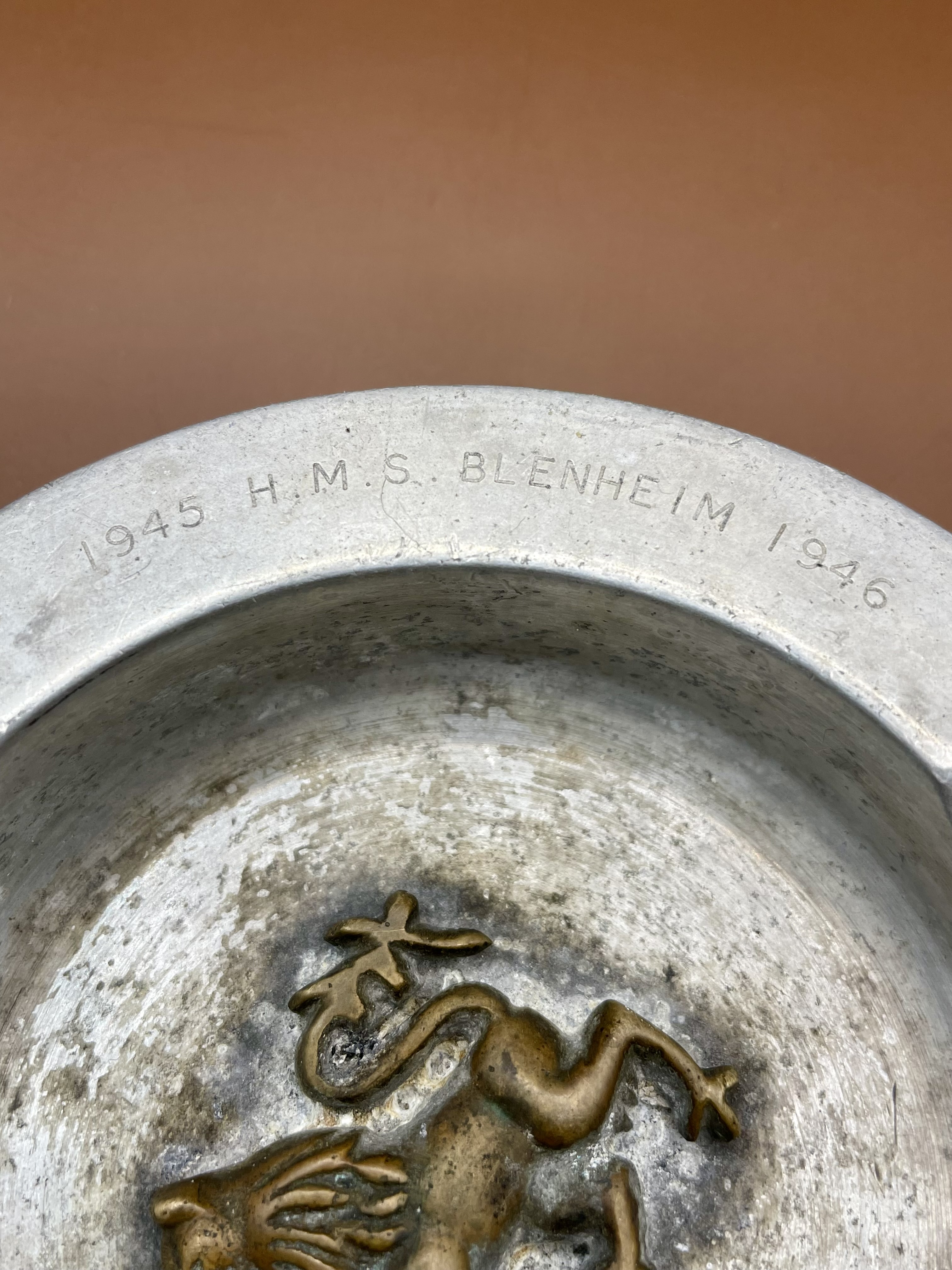 An extremely rare 1945 Blenheim 1946 aluminium ashtray. Inscribed “the boy” - Image 6 of 6