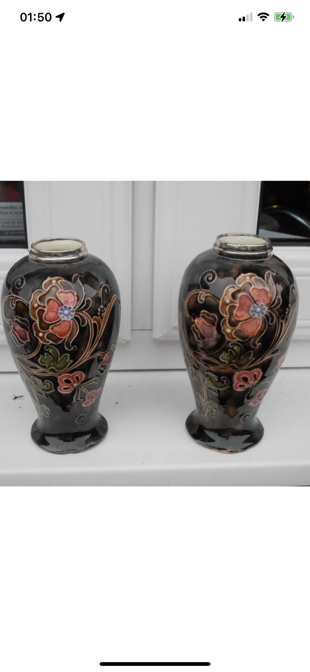 PAIR OPF MOORCROFT STYLE VASES WITH SILVER TOPPED RIMS  - Image 5 of 5