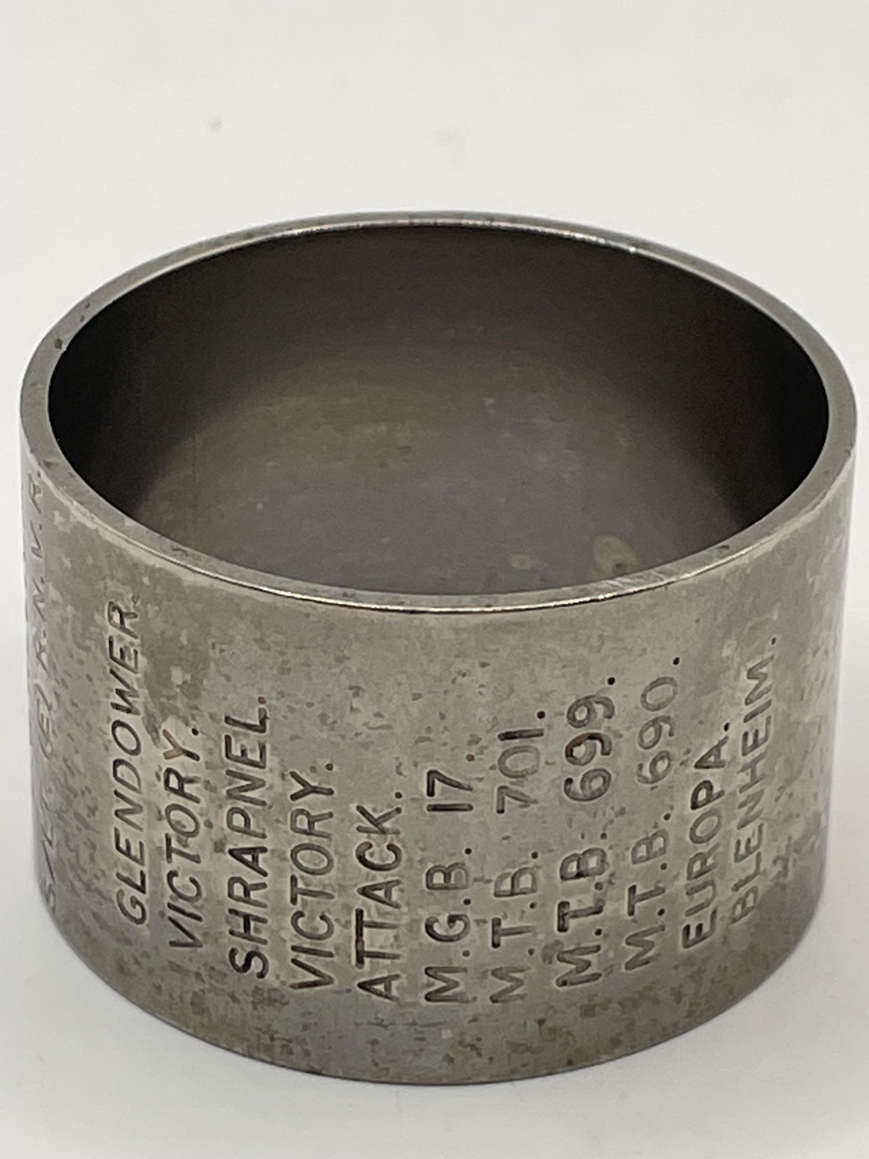 WW1-2 Blenheim war ship memorial napkin/serviette ring. Inscribed in dates of importance regarding t