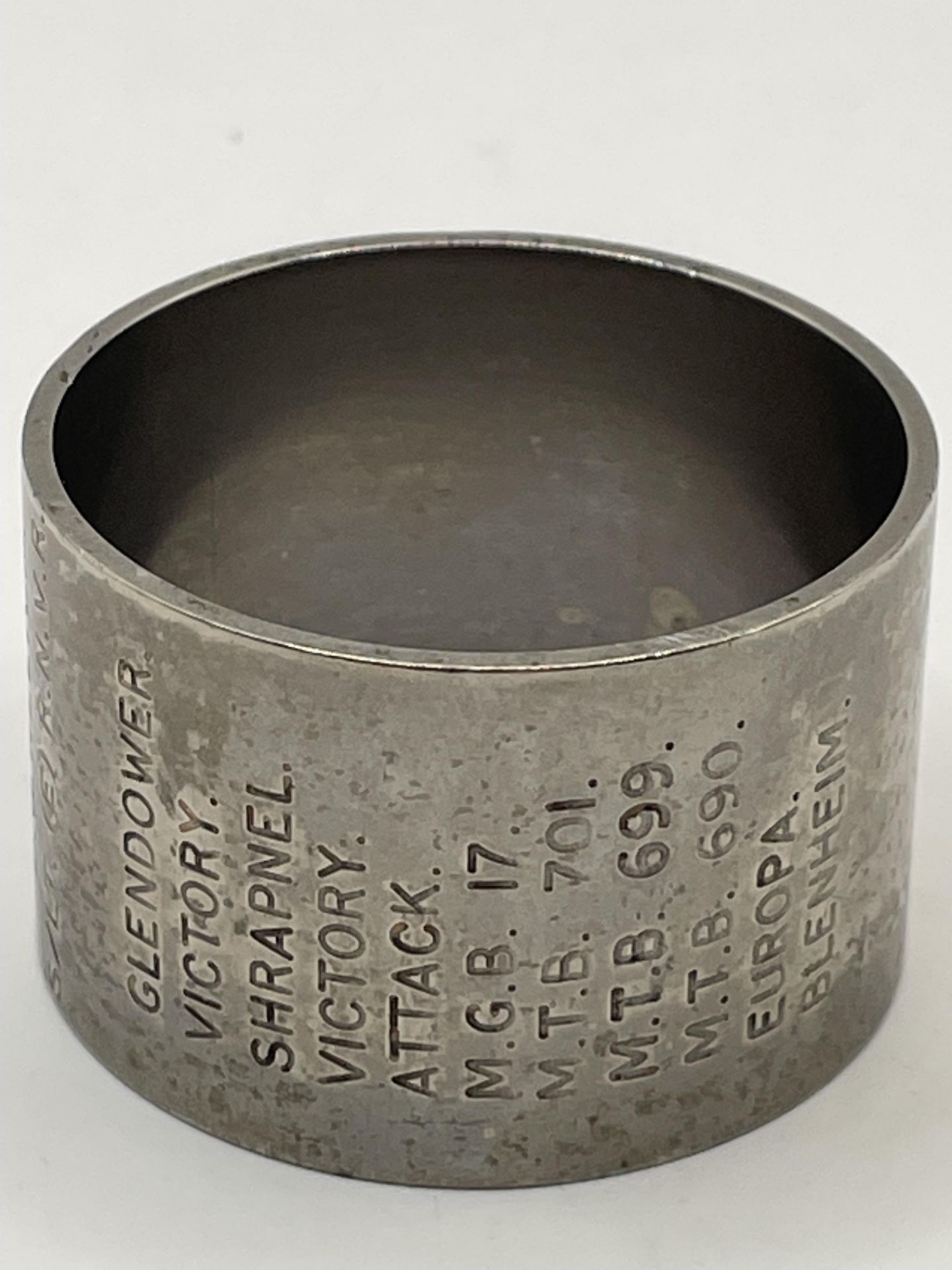 WW1-2 Blenheim war ship memorial napkin/serviette ring. Inscribed in dates of importance regarding t