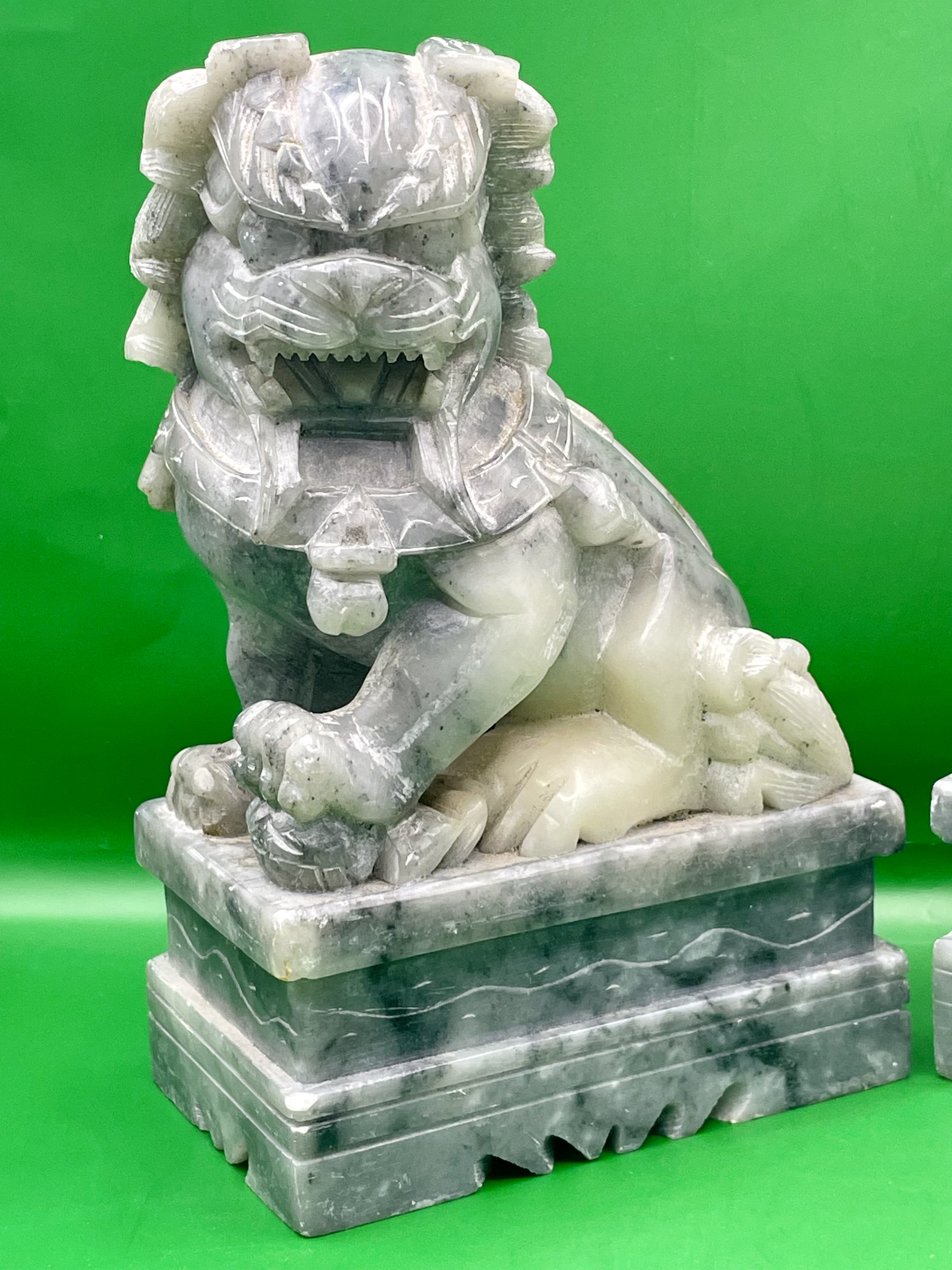 Antique Style Chinese Gray Solid Soapstone or Marble Foo Dogs - a Pair great condition.  - Image 7 of 12