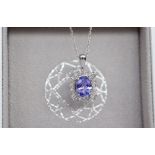 CERTIFIED 1.45CT. 'STUNNING' TANZANITE & DIAMOND - 14ct WHITE GOLD PENDANT & CHAIN