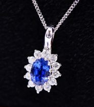 18CT WHITE GOLD - 'VELVET BLUE' SAPPHIRE & DIAMOND 'HALO' PENDANT