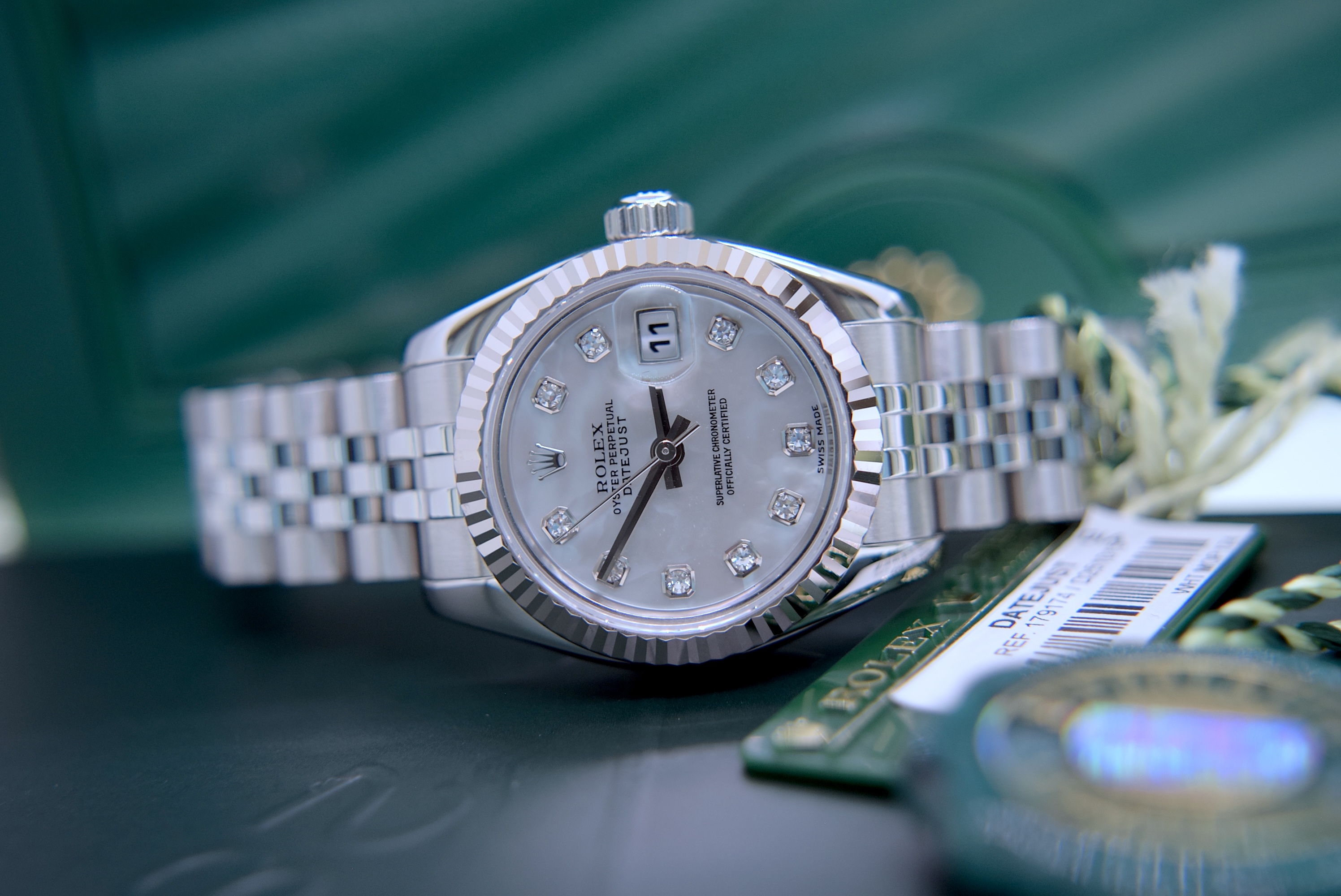 ROLEX DATEJUST REF. 179174 *FULL SET* FACTORY *RARE* WHITE/ SILVER PEARL DIAMOND DIAL