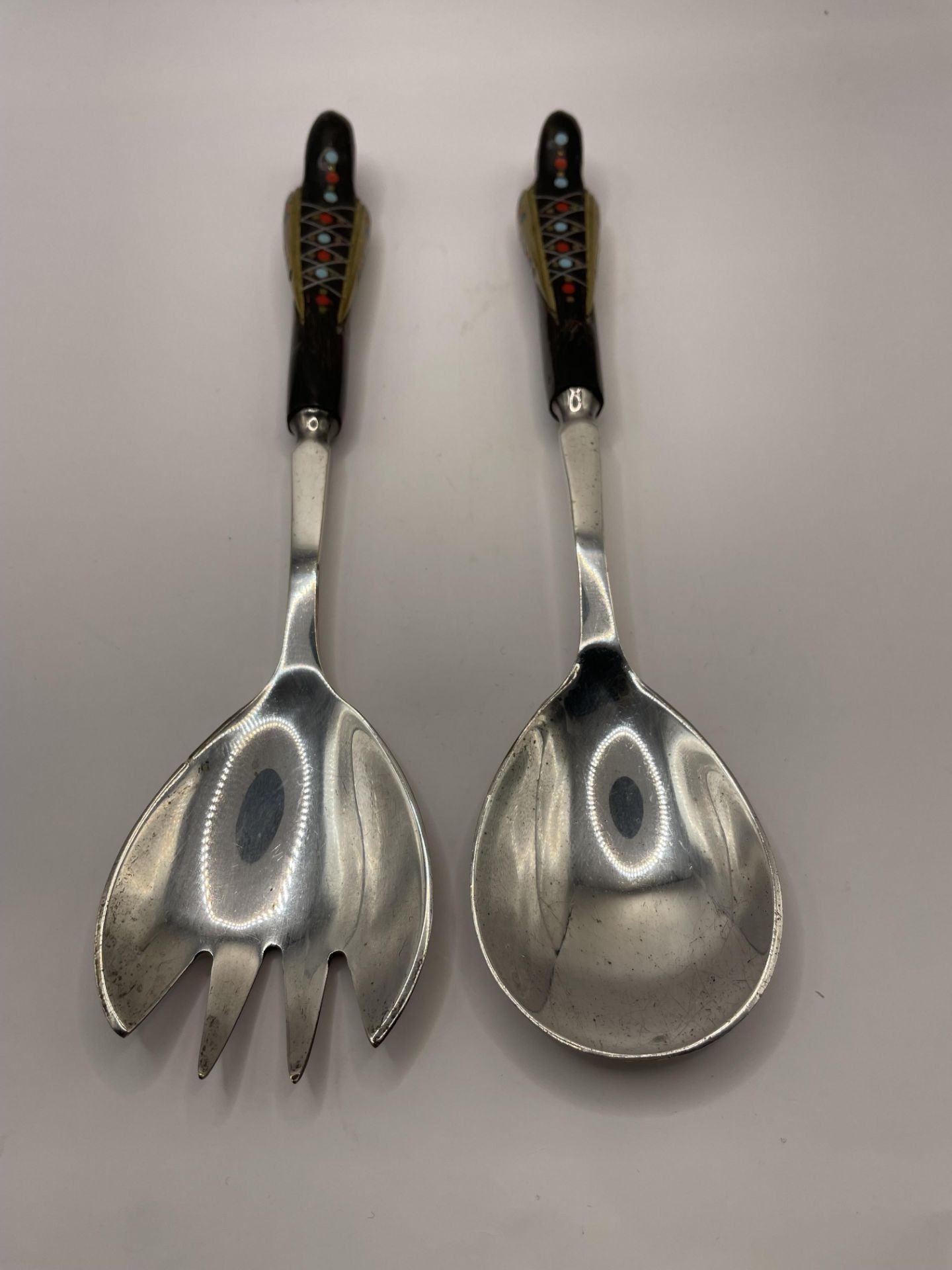 Spoon and Fork with detailed birds as handles and inlaid silver and other metals for detail. - Image 6 of 6