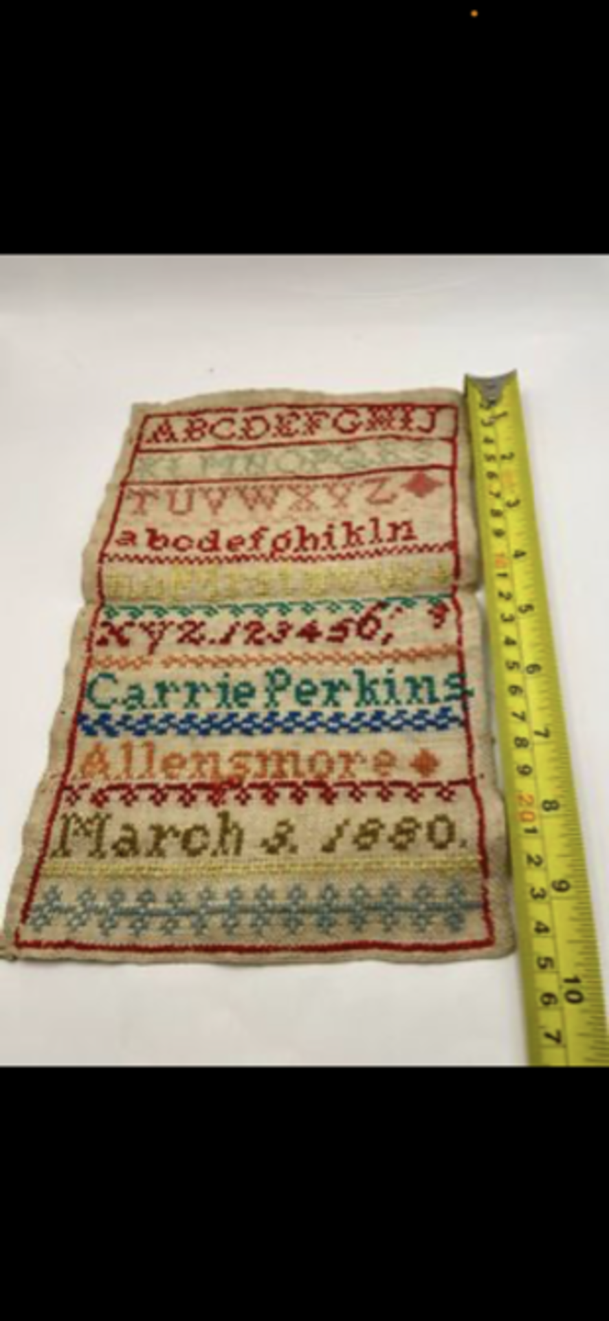 1880s Carrie Perkins Alphabetical Tapestry from Allenmore school. 1880. - Image 8 of 9